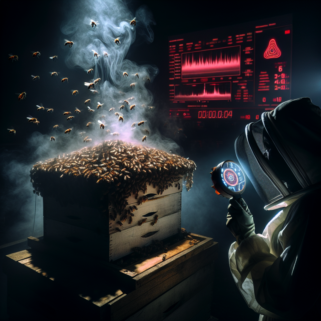 A moody, high-contrast close-up of a beehive at night, glowing with embedded heat sensors as a beekeeper monitors fluctuating hive temperatures and distress signals.