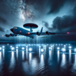 A US Air Force E-3B Sentry spy plane soars over Pamlico Sound at night, its lights cutting through the dark sky as mysterious glowing orbs hover below.