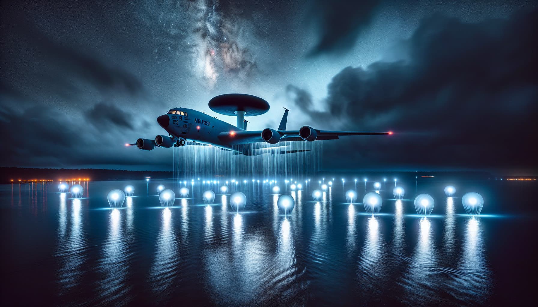 A US Air Force E-3B Sentry spy plane soars over Pamlico Sound at night, its lights cutting through the dark sky as mysterious glowing orbs hover below.