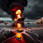 A massive oil tanker burns off the east coast of England, sending black smoke skyward. Oil-soaked seabirds struggle in slick waters as cliffs loom in the background.