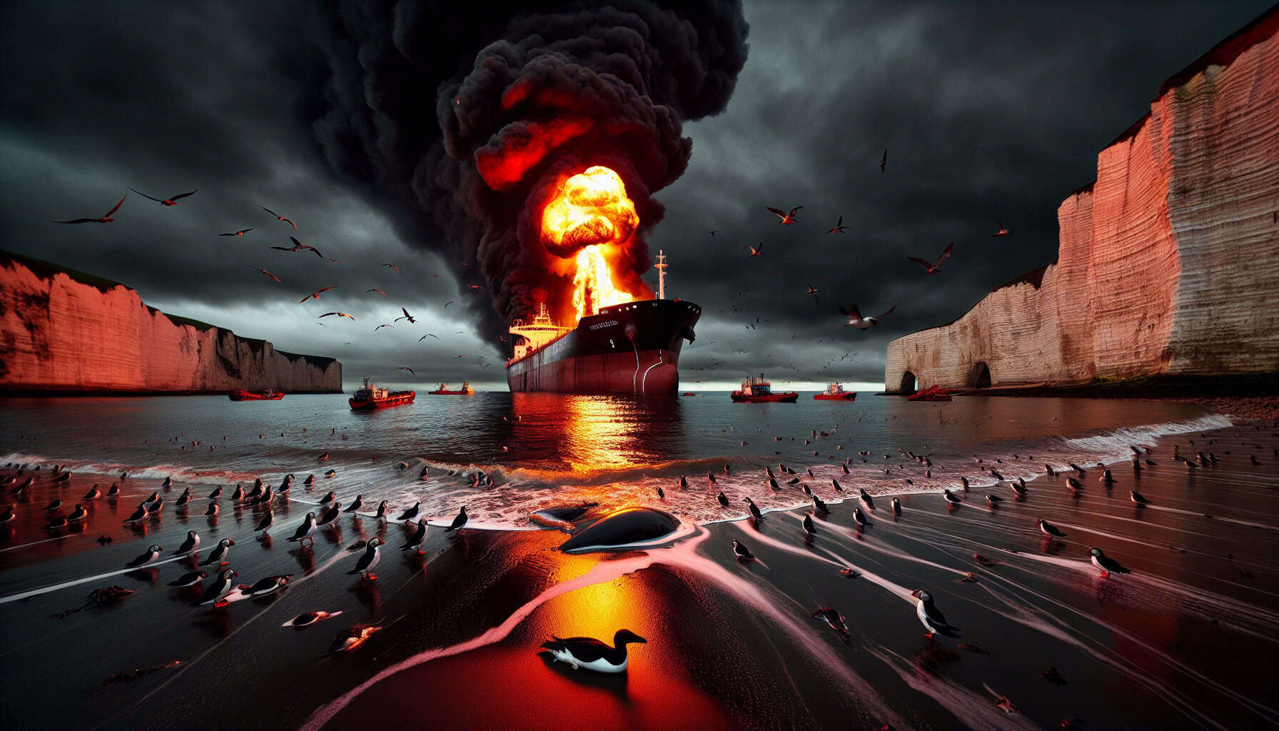 A massive oil tanker burns off the east coast of England, sending black smoke skyward. Oil-soaked seabirds struggle in slick waters as cliffs loom in the background.