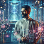 A determined scientist in a futuristic lab studies AI-generated molecular structures on a glowing holographic display, surrounded by robotic arms and quantum computing servers.