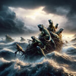 Iguanas floating on a raft in a stormy sea.