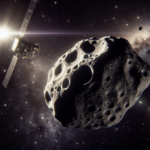 NASA’s Lucy spacecraft approaches asteroid (52246) Donaldjohanson, a rugged, cratered rock drifting through space, illuminated by dramatic sunlight with a vast starry backdrop.