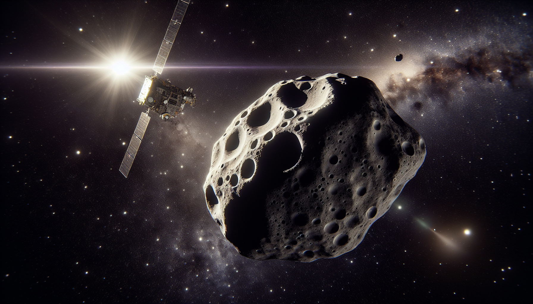 NASA’s Lucy spacecraft approaches asteroid (52246) Donaldjohanson, a rugged, cratered rock drifting through space, illuminated by dramatic sunlight with a vast starry backdrop.