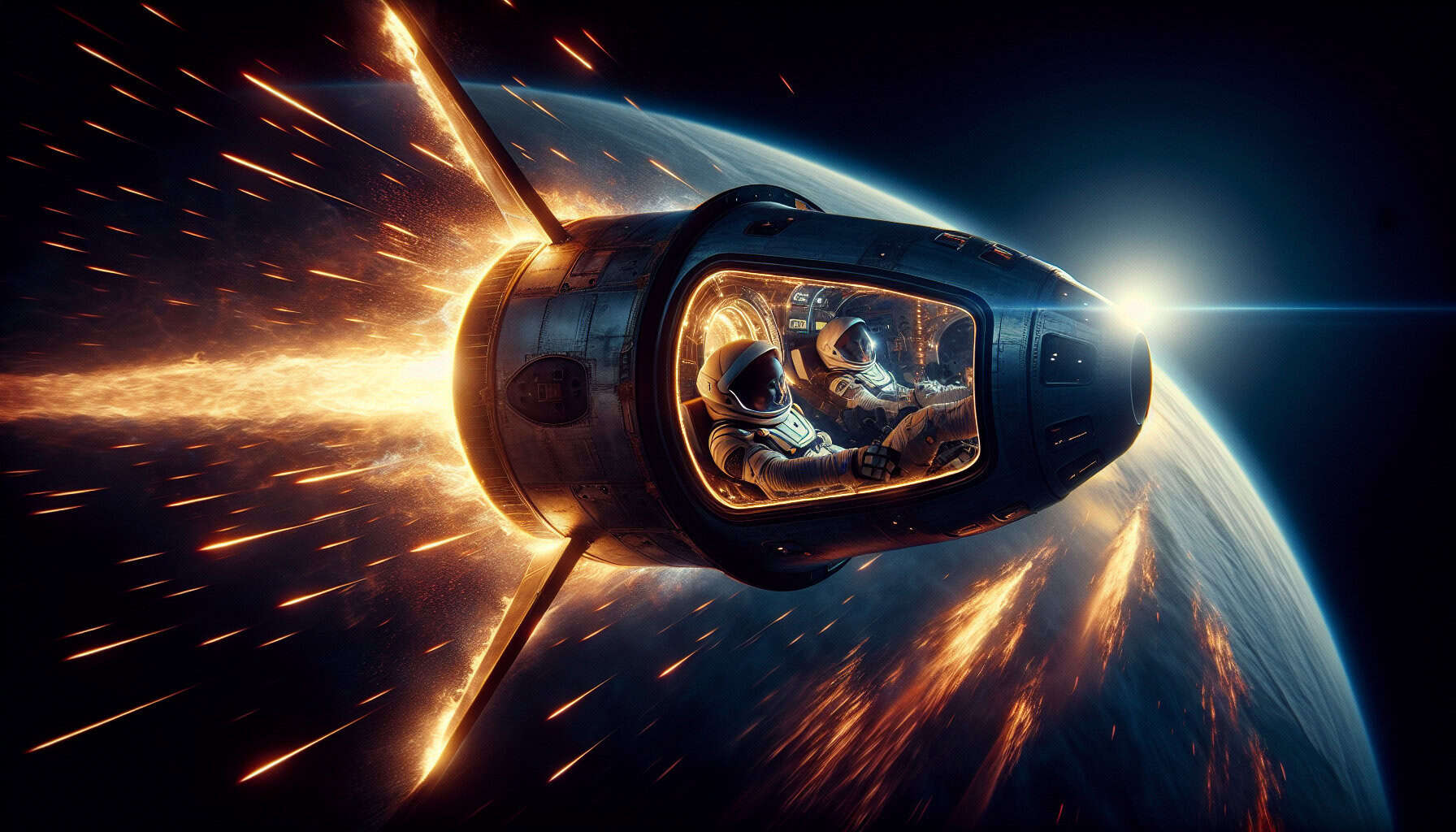 SpaceX’s Dragon capsule blazes through Earth’s atmosphere, surrounded by fiery plasma. Inside, astronauts Sunita Williams and Barry Wilmore brace for their long-awaited return.