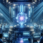 A futuristic lab with glowing thorium-229 crystal in a vacuum chamber, surrounded by scientists analyzing quantum data on holographic displays under ethereal blue and violet lighting.
