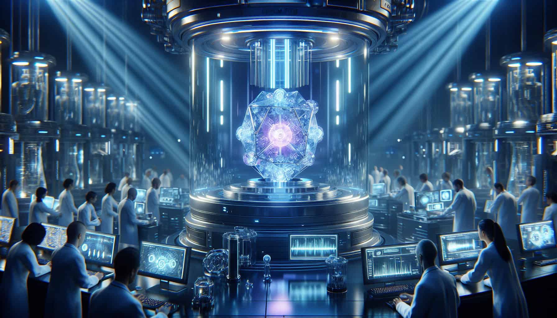 A futuristic lab with glowing thorium-229 crystal in a vacuum chamber, surrounded by scientists analyzing quantum data on holographic displays under ethereal blue and violet lighting.
