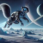 A high-tech robotic squirrel named Salto leaps across an alien landscape, executing an extreme parkour move against the icy backdrop of Saturn’s moon, Enceladus.