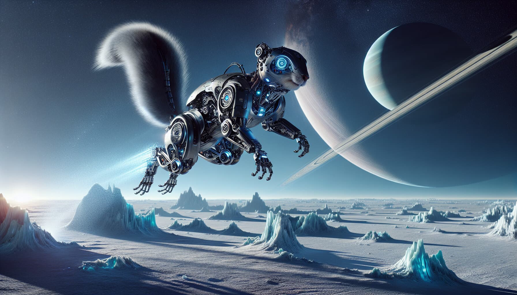 A high-tech robotic squirrel named Salto leaps across an alien landscape, executing an extreme parkour move against the icy backdrop of Saturn’s moon, Enceladus.
