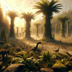 A lush refugium teeming with tree ferns and Lystrosaurus contrasts against a volcanic wasteland, symbolizing survival during Earth's catastrophic End-Permian extinction.