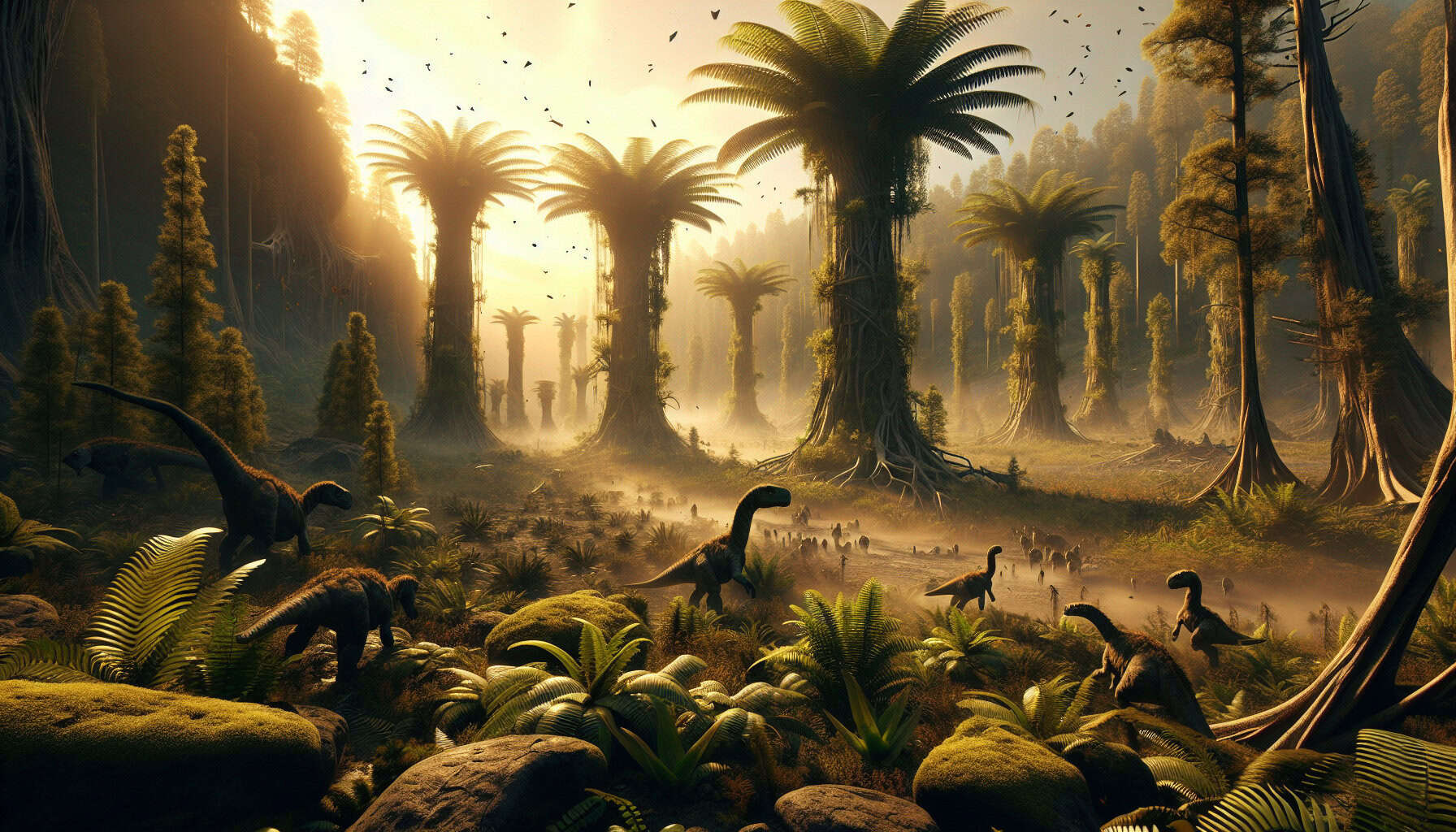 A lush refugium teeming with tree ferns and Lystrosaurus contrasts against a volcanic wasteland, symbolizing survival during Earth's catastrophic End-Permian extinction.