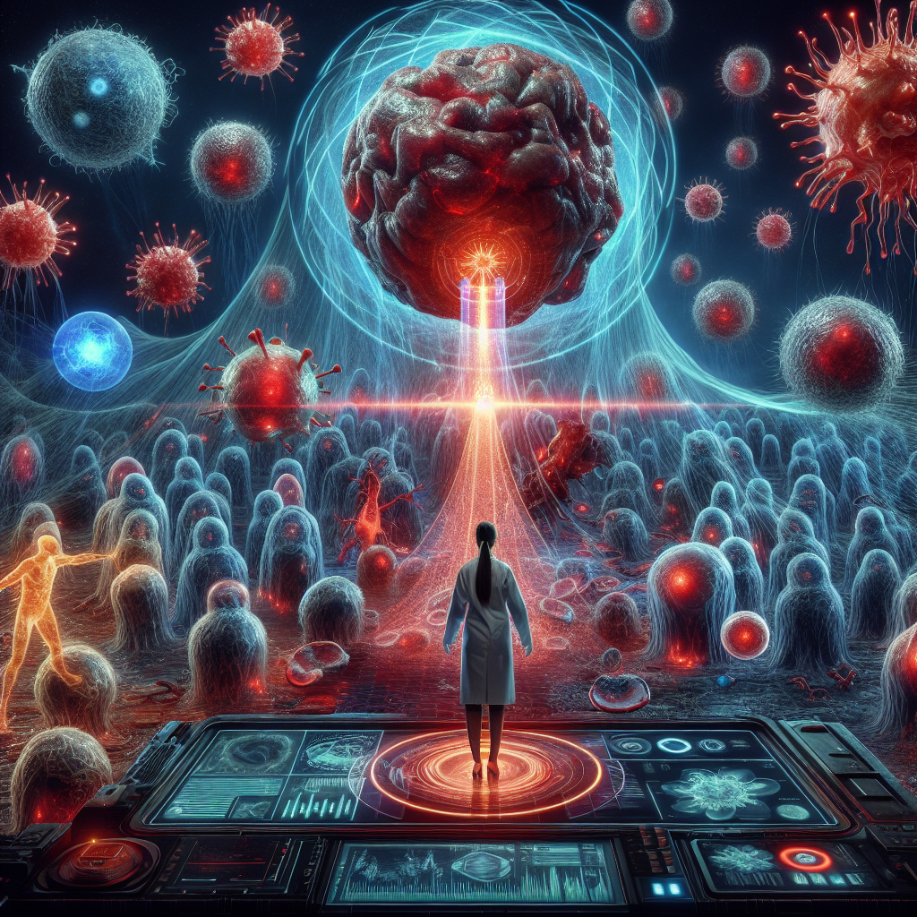 A dramatic sci-fi-style image of the immune system battling prostate cancer, with glowing macrophages, T cells, and a scientist activating a cutting-edge treatment.