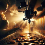 A cinematic close-up of an espresso machine mid-extraction, showing water under intense pressure forcing through coffee grounds. Uneven streams highlight the chaotic physics of brewing.