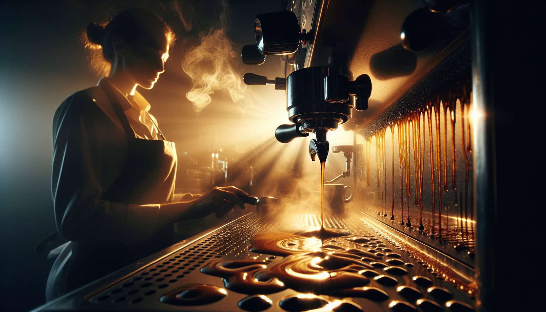 A cinematic close-up of an espresso machine mid-extraction, showing water under intense pressure forcing through coffee grounds. Uneven streams highlight the chaotic physics of brewing.