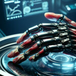 A cyberpunk-inspired robotic hand fused with real muscle tissue twitches under eerie blue lighting in a futuristic lab, surrounded by holographic schematics and monitoring equipment.