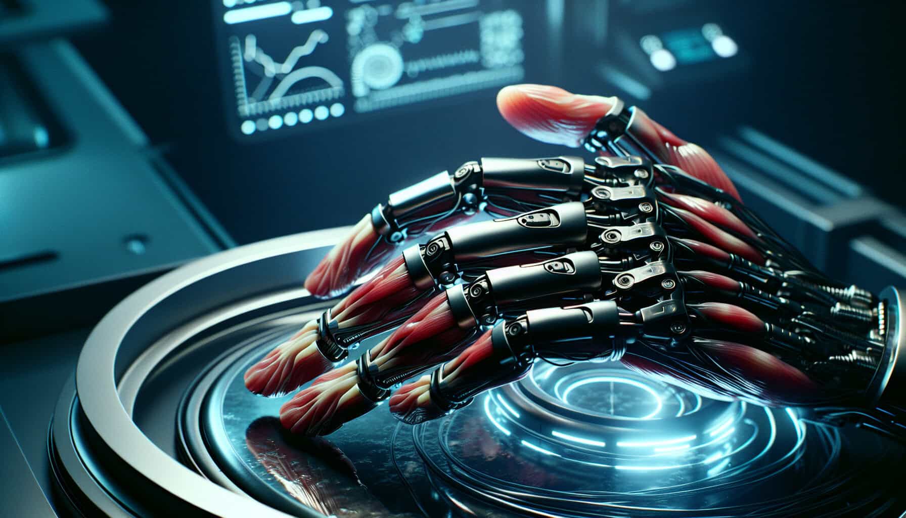 A cyberpunk-inspired robotic hand fused with real muscle tissue twitches under eerie blue lighting in a futuristic lab, surrounded by holographic schematics and monitoring equipment.