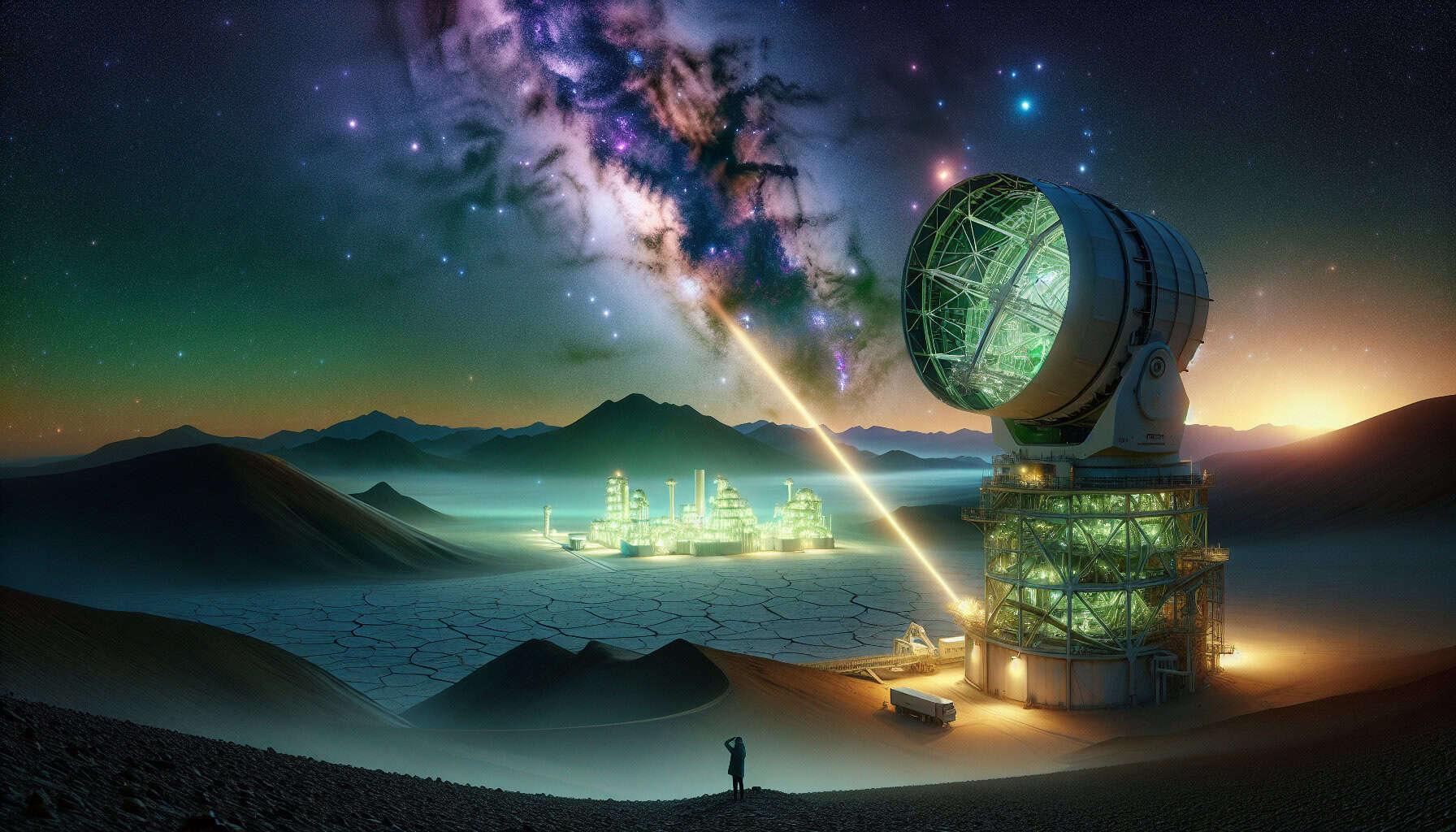 A cinematic night scene in Chile's Atacama Desert shows the Very Large Telescope firing a golden laser into the sky, while artificial light pollution looms from a green hydrogen plant.