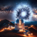 A cinematic view of the Vera C. Rubin Observatory under a star-filled sky, its massive telescope aimed at a brilliant Type Ia supernova exploding in deep space.