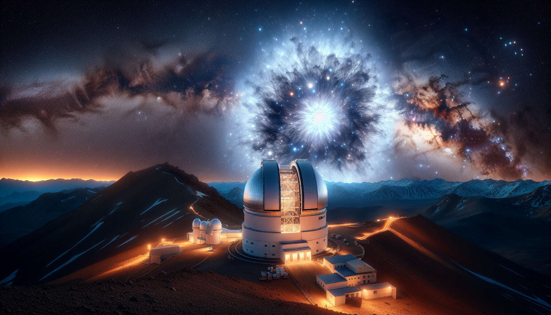 A cinematic view of the Vera C. Rubin Observatory under a star-filled sky, its massive telescope aimed at a brilliant Type Ia supernova exploding in deep space.