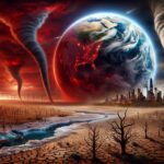 A cinematic, high-contrast image of Earth in climate catastrophe—cracked wasteland, collapsing glaciers, rising seas engulfing a city, tornadoes, and wildfires under a blood-red sky.