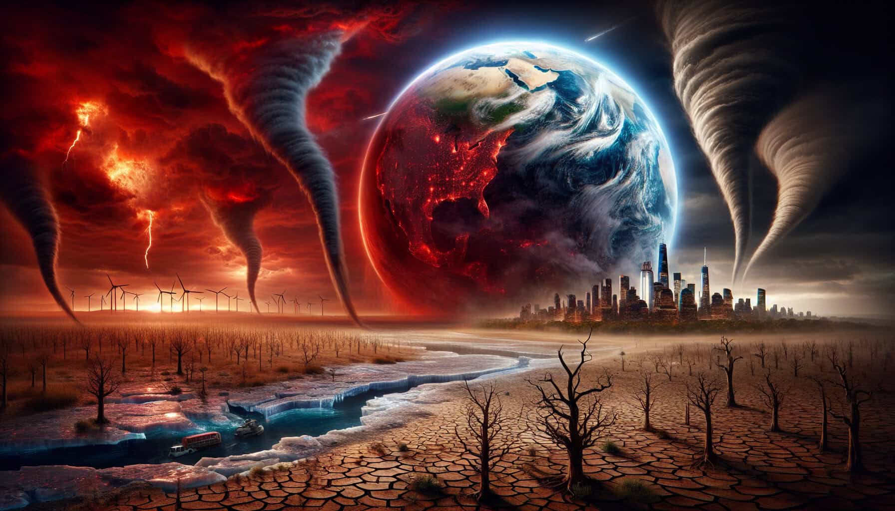 A cinematic, high-contrast image of Earth in climate catastrophe—cracked wasteland, collapsing glaciers, rising seas engulfing a city, tornadoes, and wildfires under a blood-red sky.