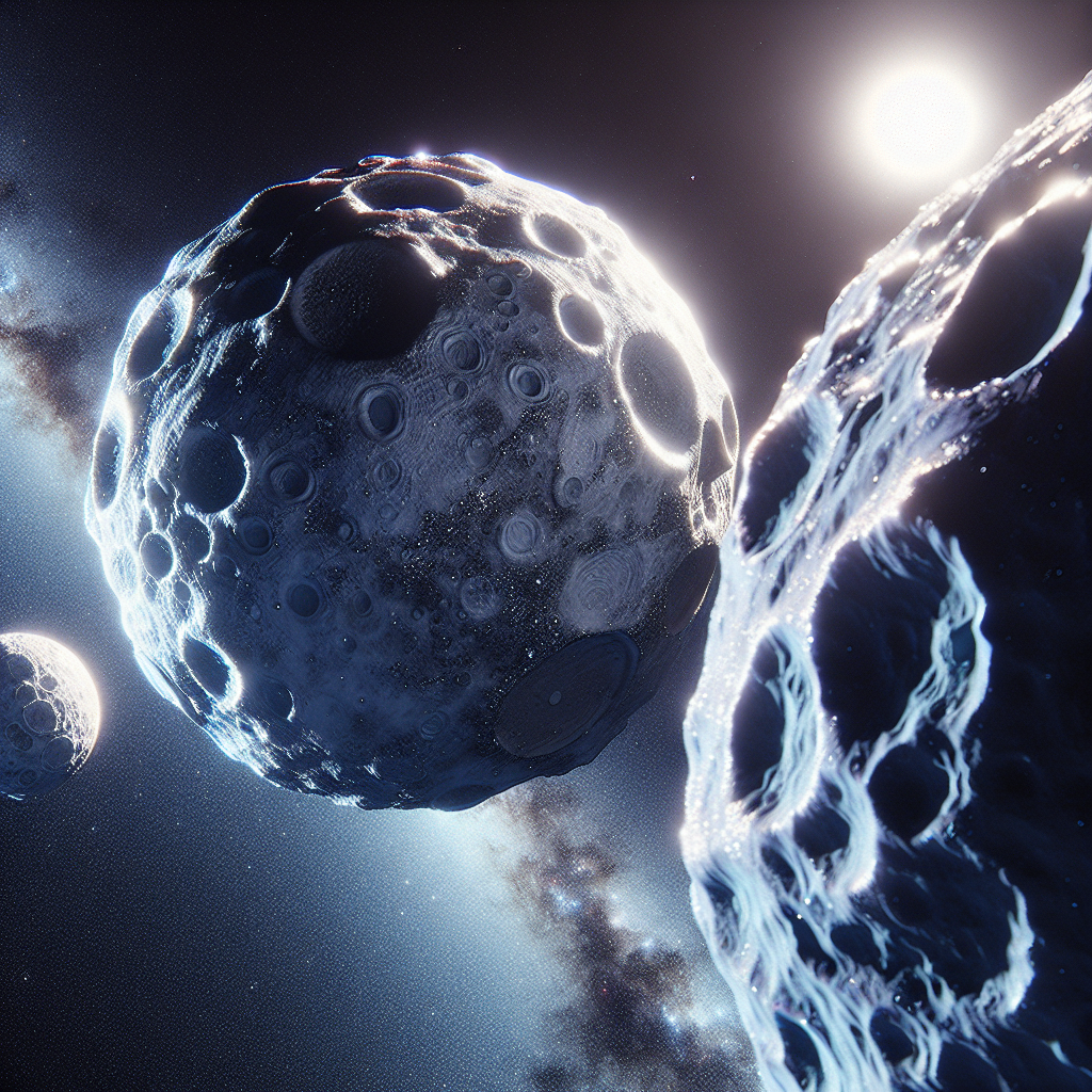 A cinematic deep-space rendering of the Kuiper Belt, featuring the trinary system 148780 Altjira—three icy bodies locked in a gravitational dance against a starry backdrop.