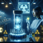 Futuristic lab scene with a scientist holding a glowing AA-sized nuclear battery, surrounded by radiation signs, holographic displays, and a pulsing titanium dioxide energy cell.