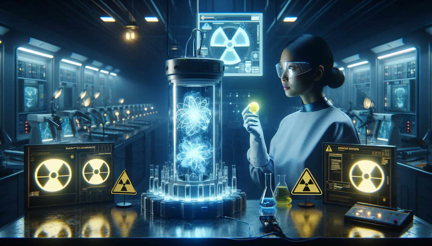 Futuristic lab scene with a scientist holding a glowing AA-sized nuclear battery, surrounded by radiation signs, holographic displays, and a pulsing titanium dioxide energy cell.