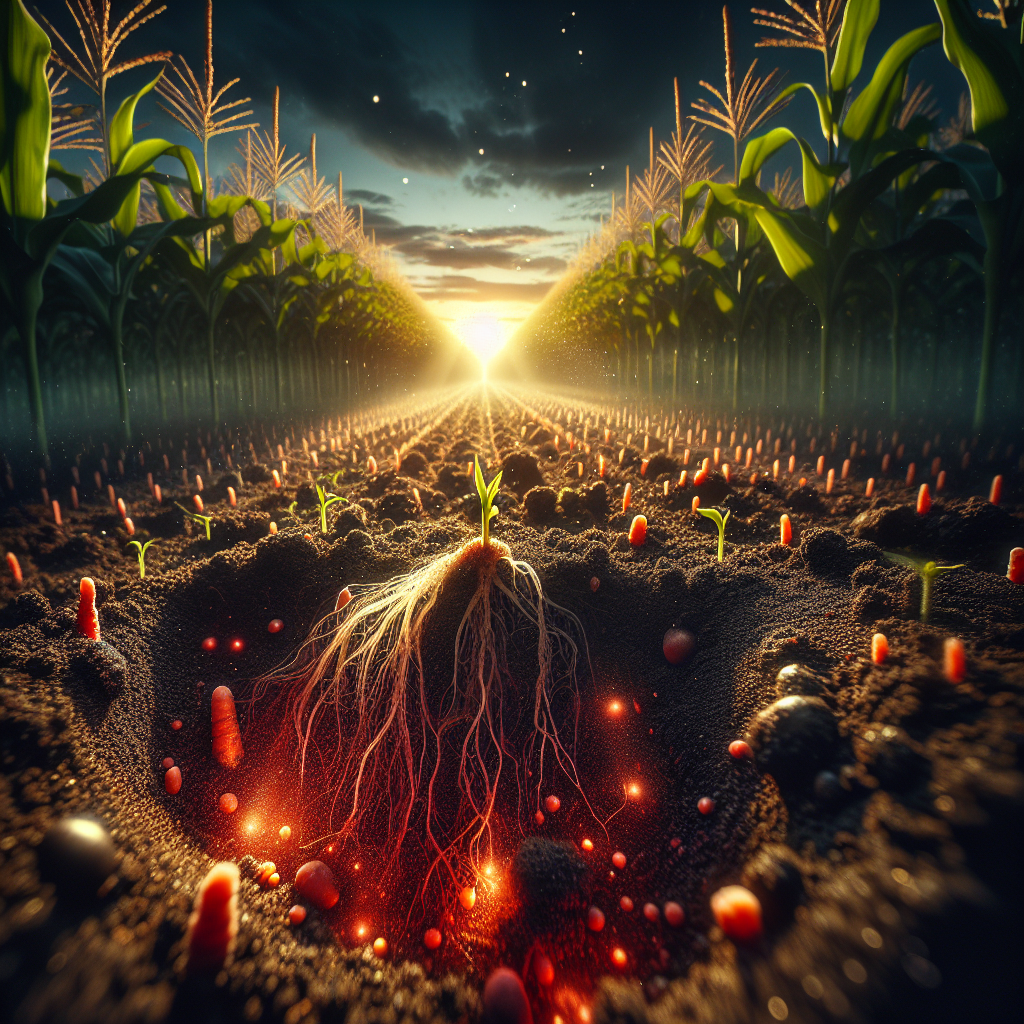 A cinematic close-up of rich soil with glowing iron oxide particles releasing phosphorus, fueling plant roots beneath a golden-lit cornfield.