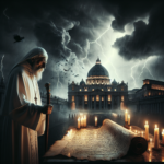 A stormy Vatican night looms over Pope Francis as he contemplates an ancient scroll, flickering candlelight reflecting a chilling prophecy of Judgement Day.