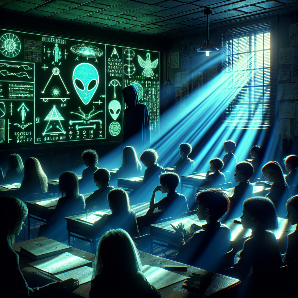 A dimly lit classroom with eerie blue and green lighting, where gifted children in the early 2000s study cryptic alien symbols on flickering CRT monitors under a government's watchful eye.