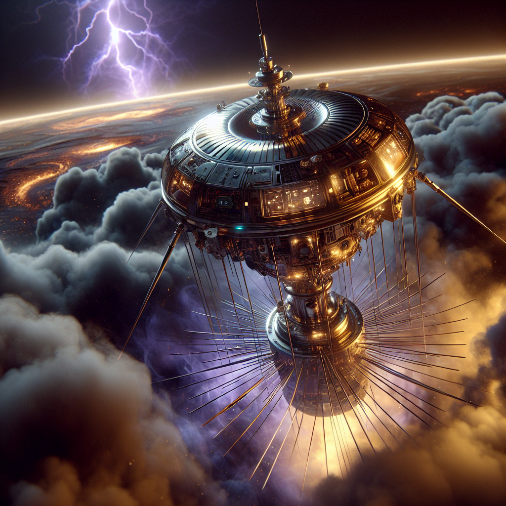 A futuristic space probe plunges into Venus’ sulfuric acid clouds, illuminated by an eerie golden glow as lightning crackles in the distance. The probe’s mesh device collects microscopic droplets.