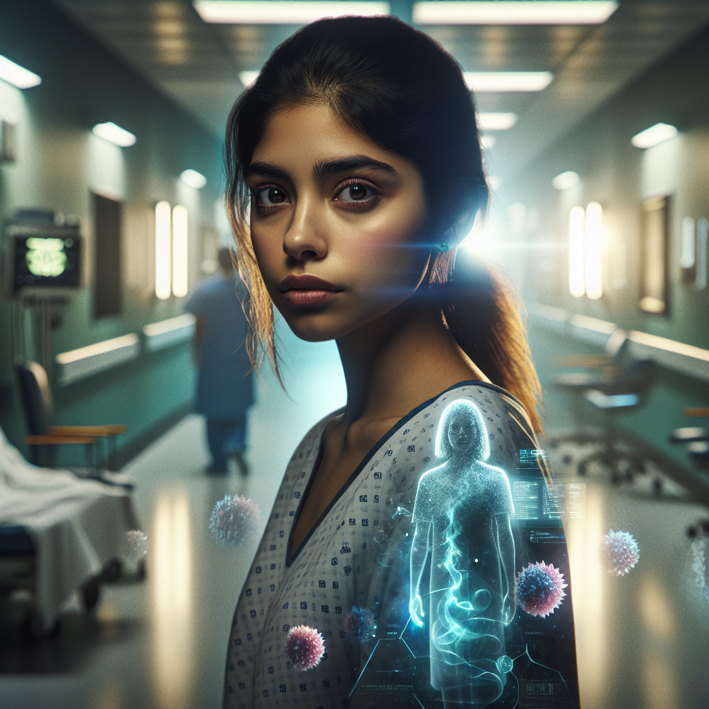 A young woman stands in a hospital corridor, illuminated by dramatic lighting, with futuristic medical holograms of CAR-T cells battling cancer floating behind her.