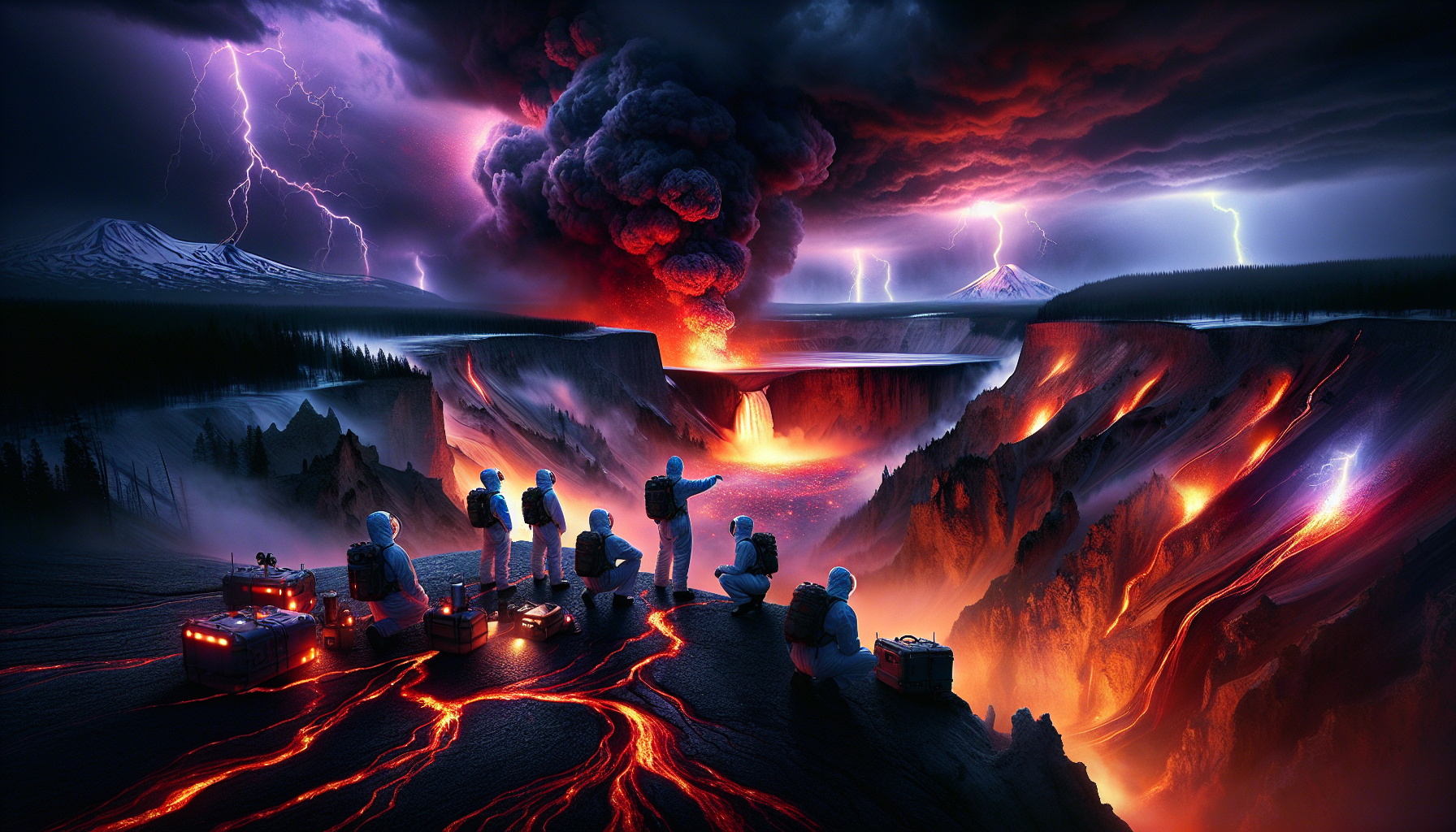 A high-contrast cinematic image of the Yellowstone Caldera at dusk, with magma-filled fissures, stormy skies, and scientists monitoring seismic activity near a looming volcanic crater.