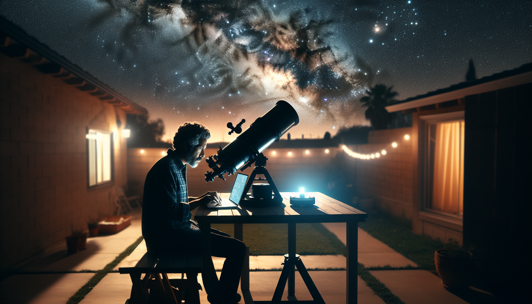 A backyard astronomer in Monterrey, Mexico, monitors a high-tech telescope under a stunning Milky Way sky, scanning for exoplanets with scientific precision.