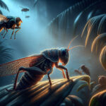 A Hawaiian cricket perches on a leaf at twilight, its wings subtly vibrating with a near-silent purr, while a parasitic fly hovers ominously in the background.