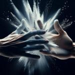 A high-speed close-up of two hands clapping, releasing a shockwave of air and baby powder in dramatic lighting, illustrating the physics of sound creation.