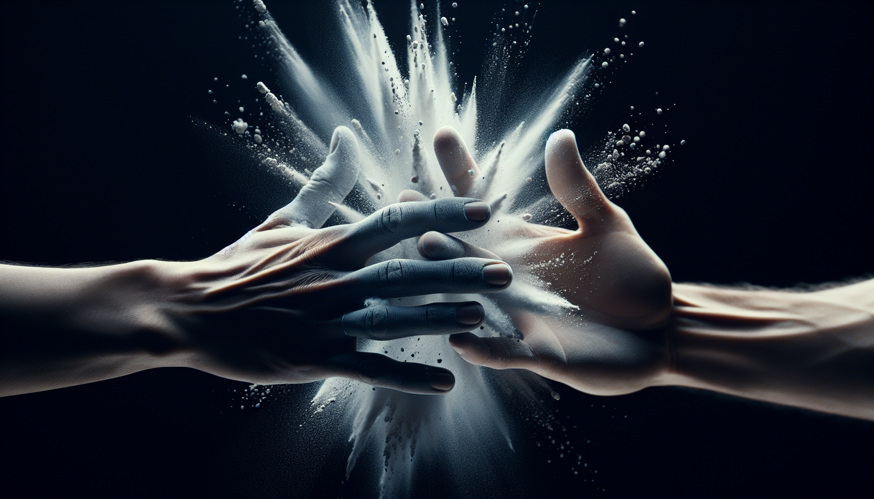 A high-speed close-up of two hands clapping, releasing a shockwave of air and baby powder in dramatic lighting, illustrating the physics of sound creation.