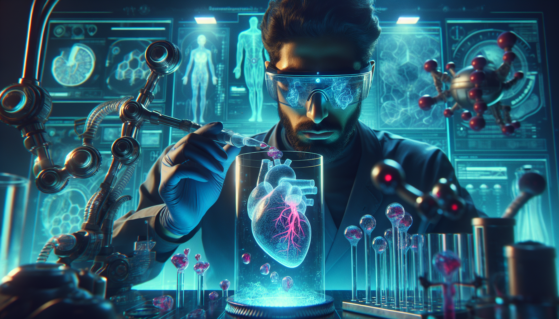 A scientist in a futuristic lab examines a 3D-printed human organ suspended in glowing bio-gel, with liquid gallium shimmering under neon blue and red lights.