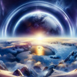 A stunning view of Earth's ozone layer healing above Antarctica, bathed in golden sunlight, with swirling blues and purples symbolizing atmospheric recovery.