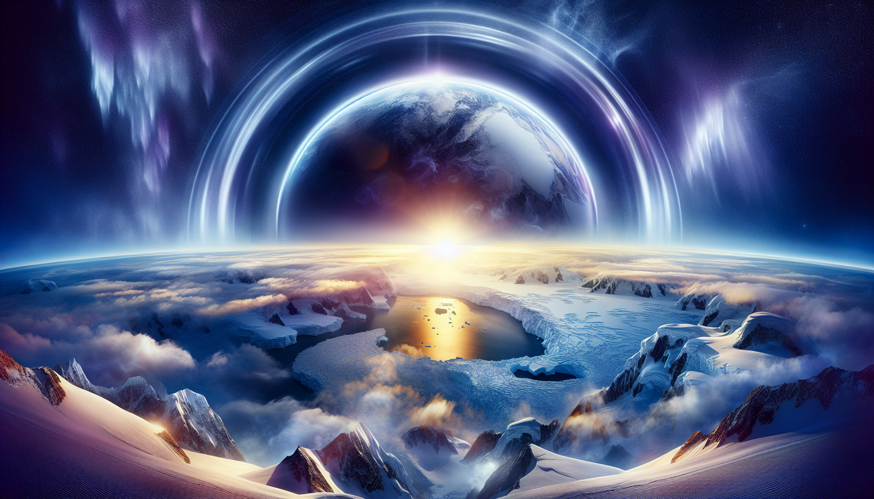 A stunning view of Earth's ozone layer healing above Antarctica, bathed in golden sunlight, with swirling blues and purples symbolizing atmospheric recovery.