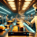 A humanoid robot chef flips a sizzling burger on a high-tech grill while human chefs watch with curiosity in a futuristic restaurant kitchen bathed in cinematic lighting.