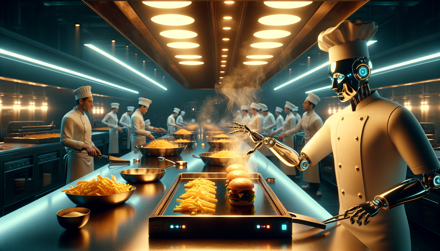 A humanoid robot chef flips a sizzling burger on a high-tech grill while human chefs watch with curiosity in a futuristic restaurant kitchen bathed in cinematic lighting.