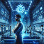 A scientist in a futuristic lab examines a glowing holographic SARS-CoV-2 virus, surrounded by advanced tech and a research team working on antibody breakthroughs.