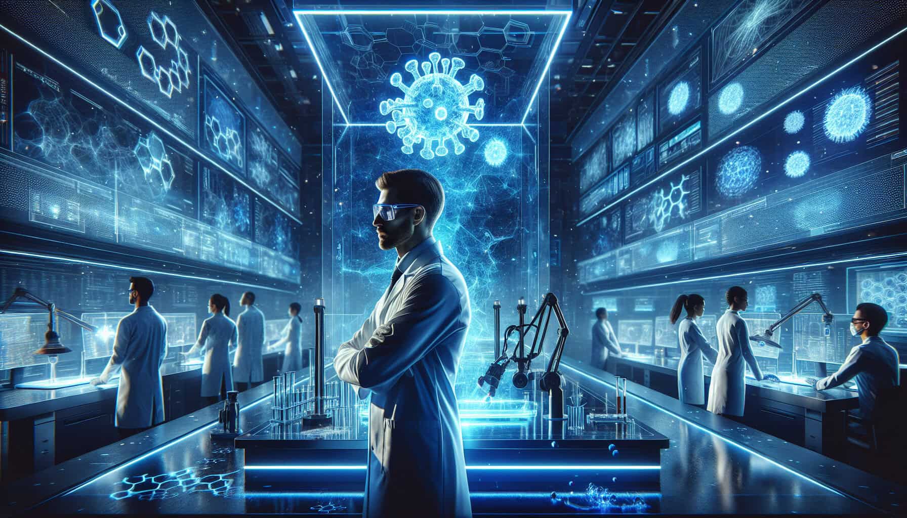 A scientist in a futuristic lab examines a glowing holographic SARS-CoV-2 virus, surrounded by advanced tech and a research team working on antibody breakthroughs.