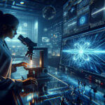A scientist in a futuristic lab observes a nitrogen-vacancy center microscope glowing neon-blue, analyzing chaotic spin fluctuations in a magnetic thin film.