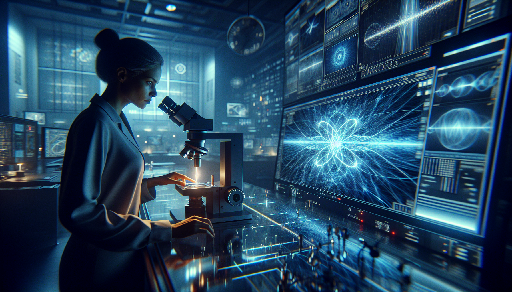 A scientist in a futuristic lab observes a nitrogen-vacancy center microscope glowing neon-blue, analyzing chaotic spin fluctuations in a magnetic thin film.