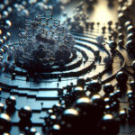 A high-contrast electron microscope view of molecular structures forming intricate, non-repeating spiral and triangular patterns on a metallic surface, illuminated by moody lighting.
