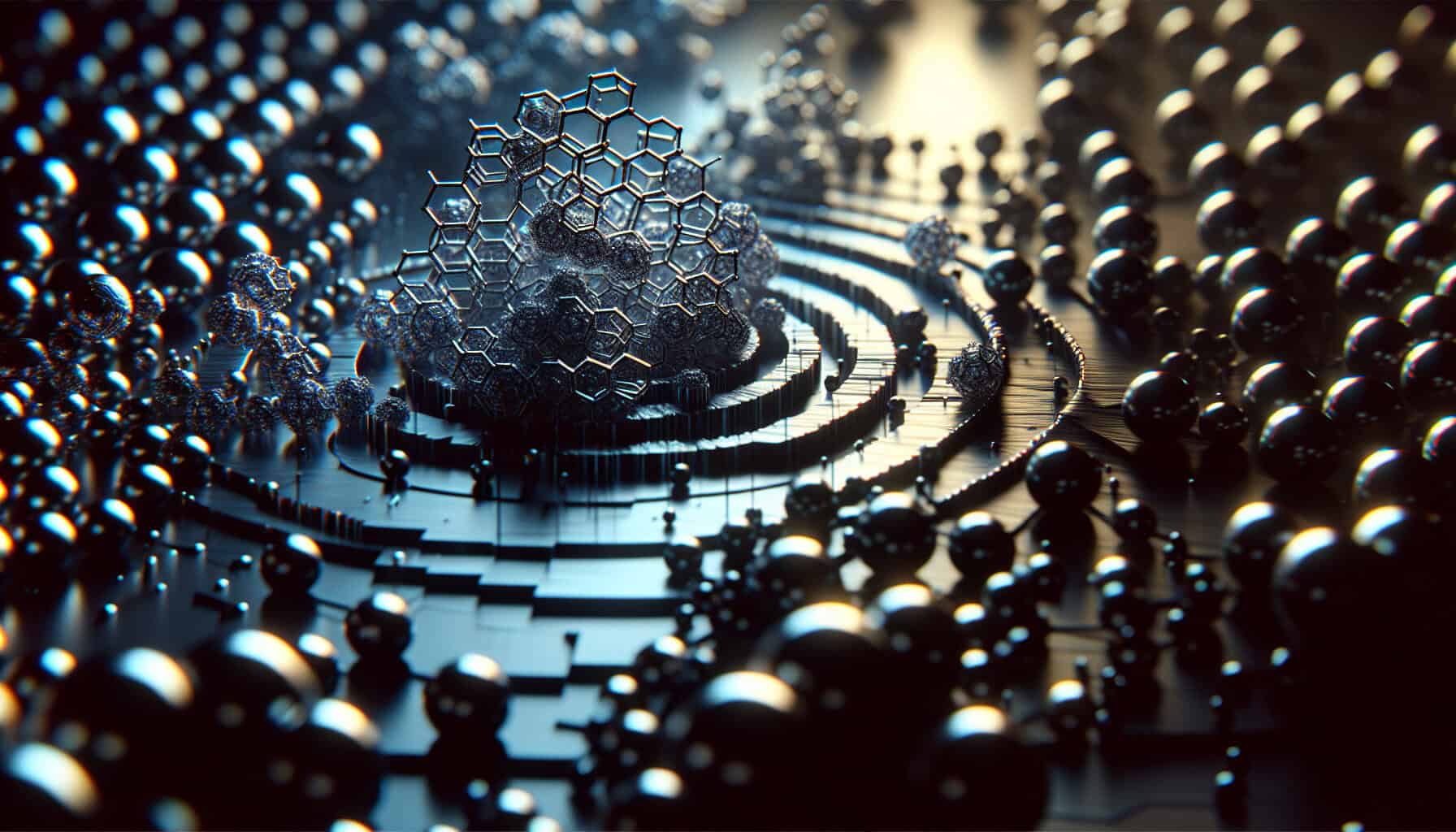 A high-contrast electron microscope view of molecular structures forming intricate, non-repeating spiral and triangular patterns on a metallic surface, illuminated by moody lighting.